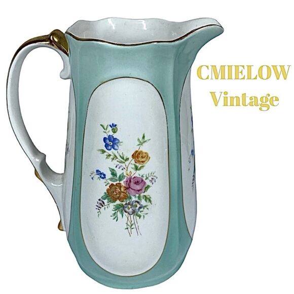 Vintage Cmielow Porcelain Pitcher – Turquoise Floral with Gold Accents 5” x 7” - Picture 1 of 5